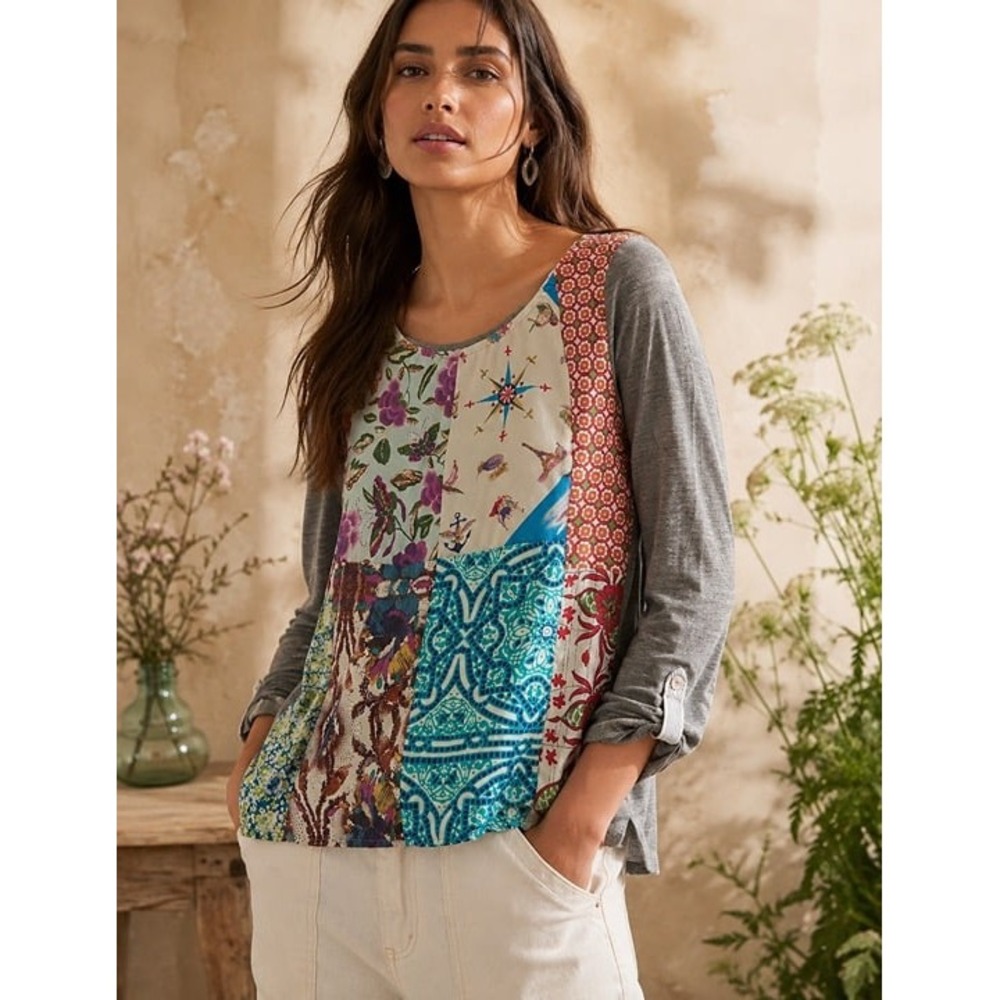 Anthropologie P Gray Patchwork Mixed Print Boho Tunic Top Floral Artsy Eclectic